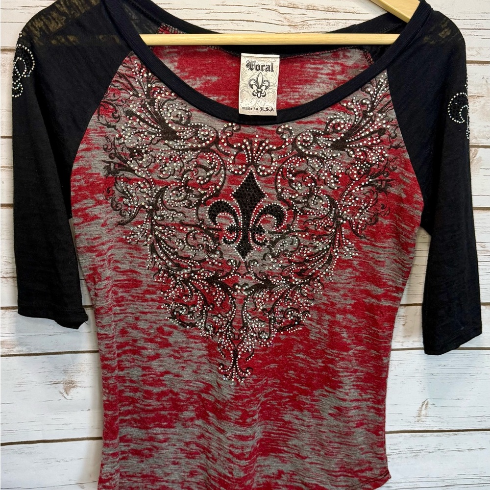 Vocal Women's Red and Black 3/4 Length Sleeve Top Embellished Fleu-De-Lis Design